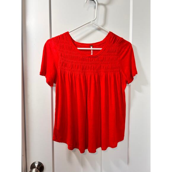 Free People Women's Linen Blend Smocked Dani Tee T Shirt Top Red Size XS‎ - Picture 4 of 12